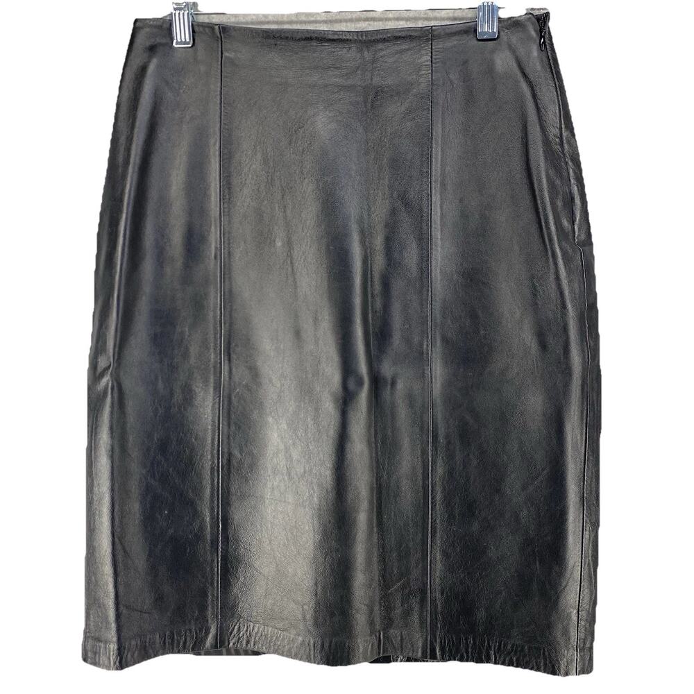 🖤 Vintage Black Leather Knee Length Skirt | Womens 8